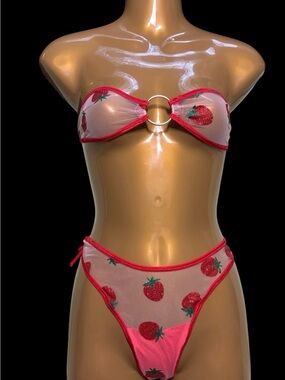 Strawberry Mesh Bandeau Bikini Set - Pink/Red